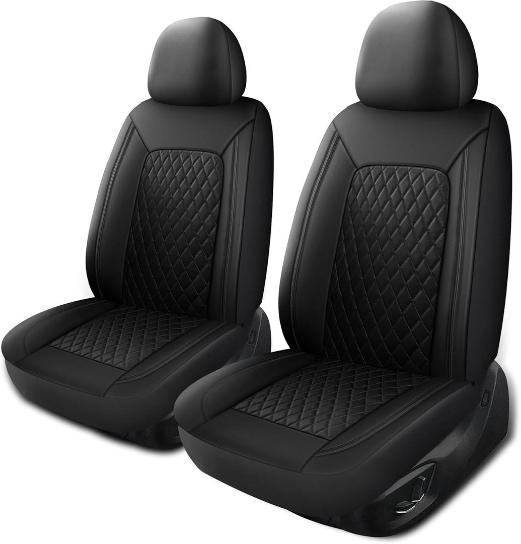 HChengkikz Car Seat Cover, Breathable and Waterproof Leather Seat Covers, Luxury PU Universal Fit Automotive Airbag Compatible for Cars Sedans SUV and Trucks (2 Pieces, Front Seat, Black, N1)