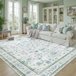 DCX 4x6 Washable Rug Vintage Accent Boho Rug 4x6 Non Slip Stain Resistant Low Pile Distressed Floor Carpet for Entry, Living Room, Bedroom, Kitchen, Bathroom Blue and Green