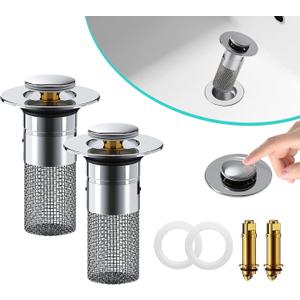 Pop Up Bathroom Sink Drain Strainer Hair Catcher for 1.34-1.57in, Kitchen Sink Drain Stopper with Removable Stainless Steel Filter Basket Hair Catcher, for US Bathroom Sink Stopper Replacement(2Pcs)