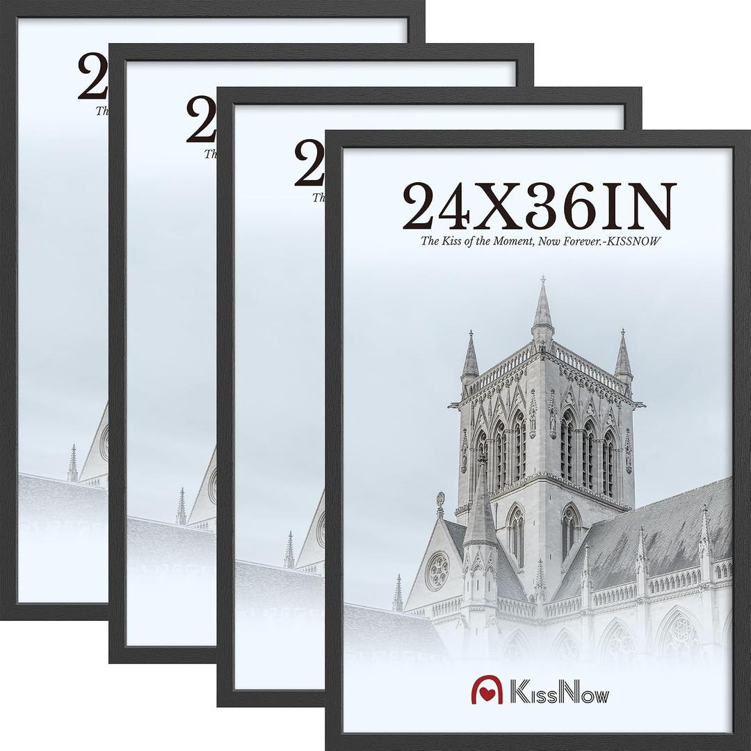 24x36 Poster Frame 4 Pack, Black Wood 36x24 Picture Frame, Polished Plexiglass, Vertical or Horizontal Wall Display for Photos & Artwork