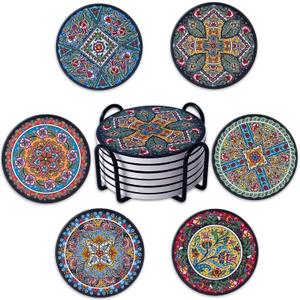 Coasters Absorbent Ceramic Coaster Drink Coasters with Cork Back Turkish Pattern Set of 6 Round Coaster Non Slip for Coffee Table Wine Glass Home Bar 4 Inch, Colorful