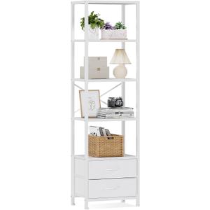 Furnulem 5-Tier Corner Shelf, Narrow Bookshelf with 2 Storage Drawers, Tall Bookcase, Wood Display Standing Shelf Organizer Unit for Living Room, Bedroom, Metal Frame(White)