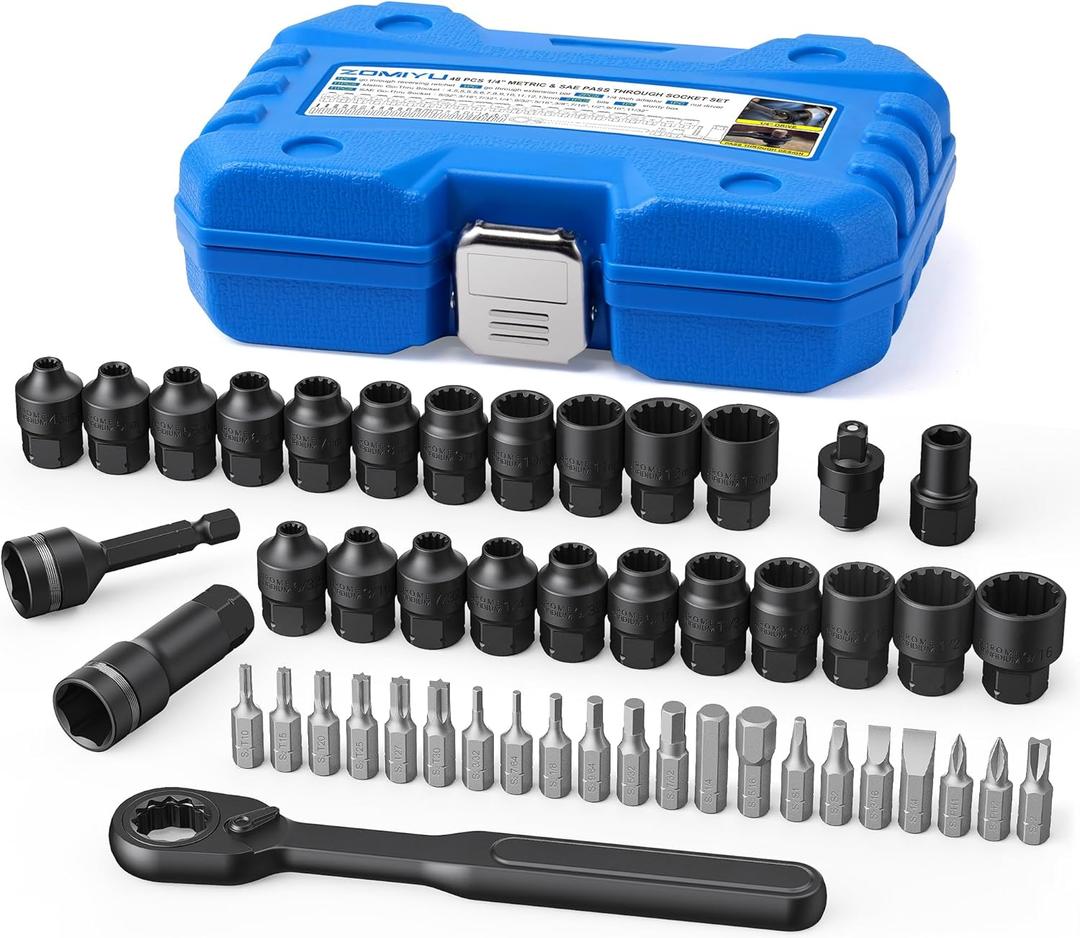 1/4-Inch Pass Through Socket Set, 48-Piece SAE & Metric 12-Point Go-Thru Sockets with 2-in-1 Ratchet (72-Tooth), Adapter, Extension Bar & Sturdy Case, CR-V Steel