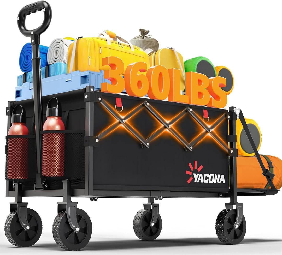 360LBS Heavy-Duty Wagons Carts Foldable 120L Collapsible Wagon Cart with Wheels and Tailgate, Folding Utility Wagon Carts for Groceries, Outdoor Camping, Shopping, Beach, Garden (Black)