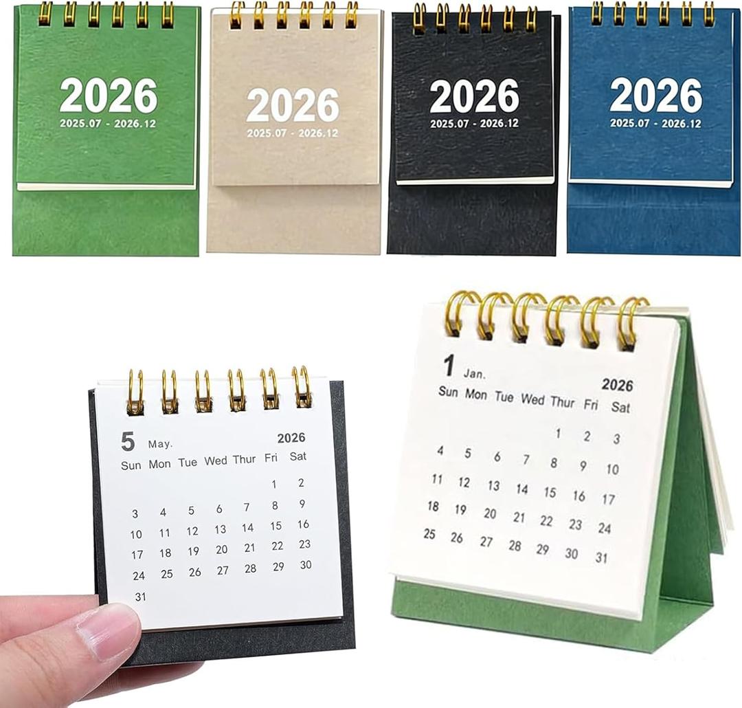 Mini Desk Calendar 2025-2026,4Pack Small Desk Calendar,Runs from July 2025 to Dec 2026 Monthly Planner Calendar Gold Twin-Wire Binding for Home Office School (Black Green Blue Beige)