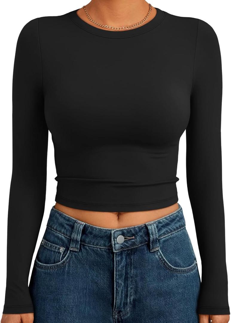 Trendy Queen Womens Long Sleeve Crop Tops Basic Slim Fitted Shirts Spring Fashion Outfits 2026 Teen Girl Clothes (X-Small, Black)