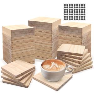 60 PCS Unfinished Square Wood Coasters, SIJDIEE 4 Inch Blank Wooden Craft Coasters with Non-Slip Foam Pad Stickers for DIY Burning Stained Painting Wood Engraving Home Decoration Supplies