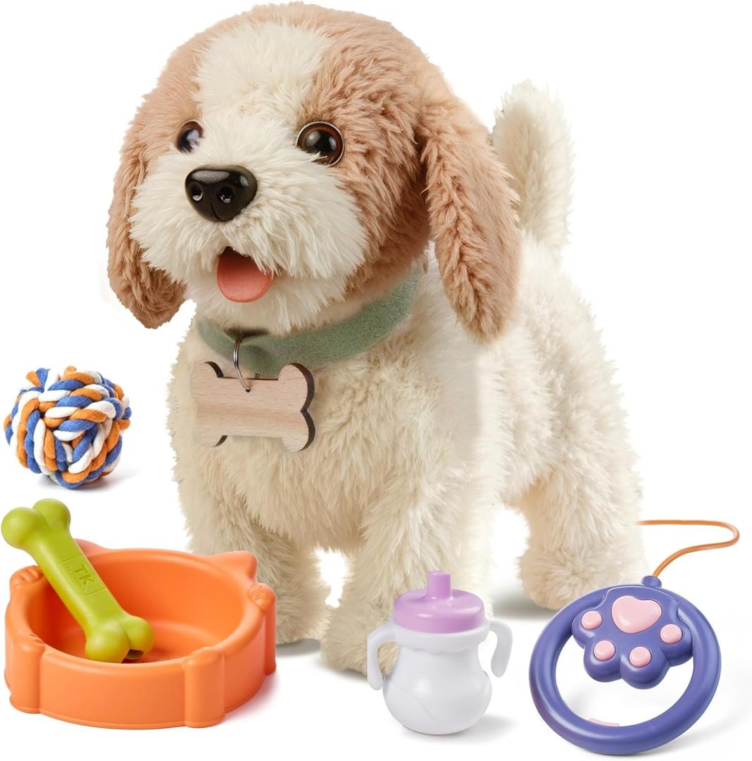 OR OR TU Walking Barking Toy Dog with Remote Control Leash, Plush Puppy Electronic Interactive Toys for Kids, Shake Tail, Pretend Dress Up Realistic Stuffed Animal Dog Age 3 4 5 6+ Years Old Best Gift (Tan+white)