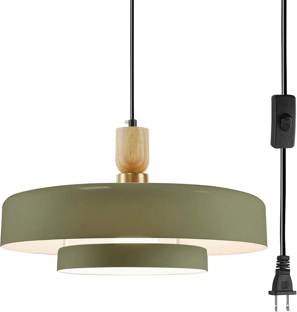 Olive Green Pendant Lamp Plug in Hanging Light for Island Living Room, Mid Century Chandelier with Metal Shade On/Off Switch Adjustable 14.75FT Wire for Bedroom Kitchen Island Light