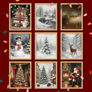 97 Decor Vintage Christmas Wall Art Prints Unframed - 9 Moody Christmas Pictures Wall Decor Aesthetic, Holiday Poster Winter Art, Reindeer Pine Tree Photo Santa Artwork, Retro Xmas Painting