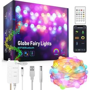 Smart Globe Fairy Lights, 32.8ft Waterproof LED String Lights for Indoor and Outdoor Decor, Voice and App Controlled with Music Sync for Christmas and Party, Compatible with Alexa and Google Home.