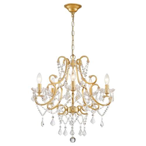 Wieliou Crystal Chandelier, Golden Crystal Lighting,5-Light Modern Chandelier for Living Room Kitchen Island Entryway Bedroom