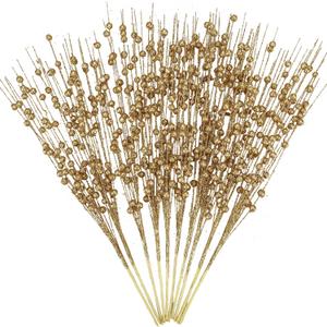GREENTIME 10 Pack Golden Artificial Glitter Berry Stem Ornaments 15.7 Inches Fake Christmas Picks Decorative Glitter Sticks for Vase Christmas Tree DIY Wreath Crafts Fireplace Decor