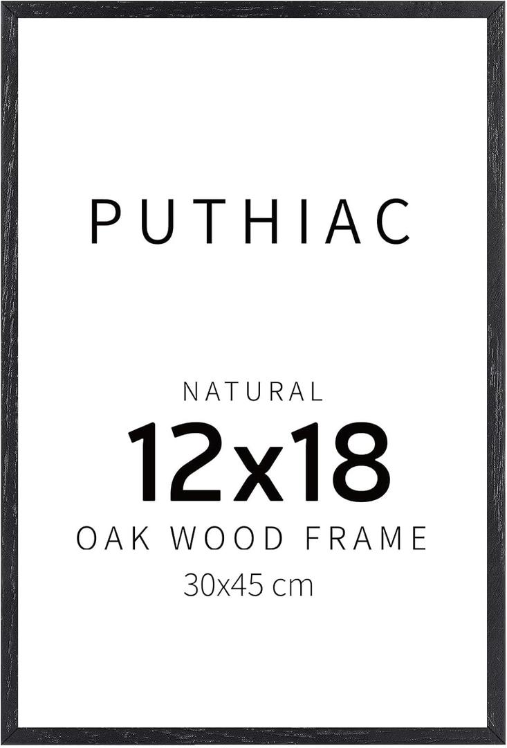 Puthiac 12x18 Solid Oak Wood Picture Frame, Fits 8x12 with Mat or 12x18 Without Mat, Wall Display Only, Vertical or Horizontal, Plexi Front, 1 Pack, Black