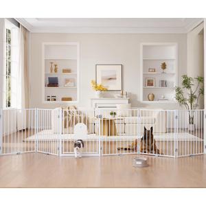 No Pawblems Free Standing Dog Gate with Cat Door, 30'' Tall Foldable Dog Fence for Indoor & Outdoor, Up to 156 Inch Extra Wide Puppy Gate for Stairs, Hallways, Doorways, Deck, Yard (White, 6 Panels)