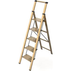 5 Step Ladder, Folding Step Stool, Lightweight Aluminum Foldable Ladder for 10 Foot High Ceiling with Anti-Slip Wide Sturdy Pedal and Handgrip, Multi-Use for Home (300 lbs Capacity) - Champagne Gold