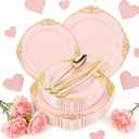125PCS Pink and Gold Plastic Plates - Pink Disposable Plates - Vintage Plate with Gold Plastic Silverware Set for 25 Guests for Weddings Baby Shower Parties Mother's Day