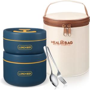 Dandat 2 Pcs Insulated Lunch Containers Thermal Bento Box with Bag Fork Knife Microwavable Stainless Steel Lunch Box 15.2 oz 21 oz Separate Stackable Thermal Food Jar for Adult Men Women(Navy Blue)