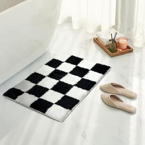 Tititex Luxury Black White Checkered Grid Bathroom Rug, 16"x24" Classic Checkerboard Extra Soft and Absorbent Microfiber Bath Rugs, Non-Slip Plush Shaggy Bath Carpet for Bathroom Floor