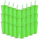 Amyhill 24 Pcs Reusable Cups with Lids and Straws 24 oz Glitter Iced Coffee Tumbler Plastic Travel Mug Cup for Smoothie Juices Birthday Sleepover Party Supplies for Girls(Fluorescent Green)