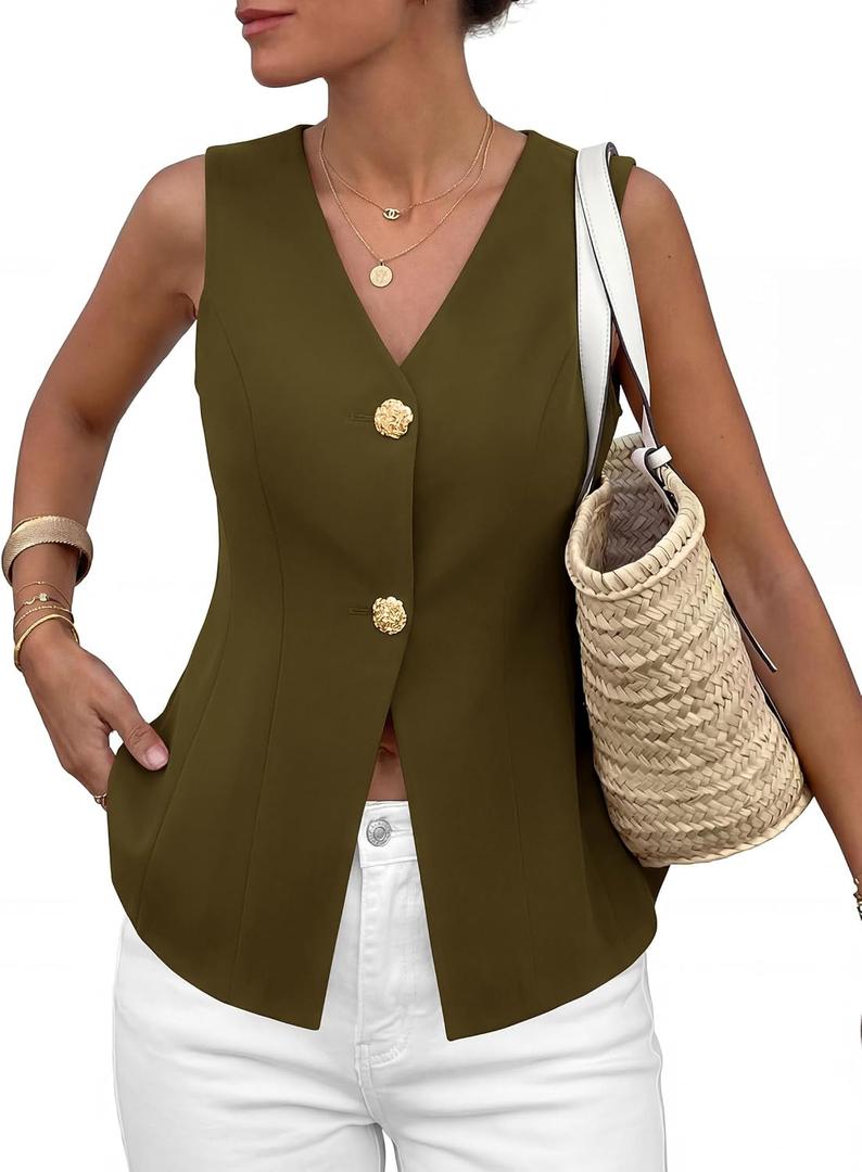 PRETTYGARDEN Womens Summer Sleeveless Suit Vest Tops 2026 Dressy Button Down Business Casual Blazer Waistcoat Spring Clothes, XL
