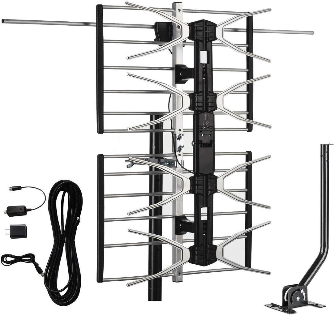 HDTV Digital Outdoor Antenna Amplified 150 Miles Long Range - UHF/VHF Signals/Hardware Mounting Pole/ 40 Feet RG6 Coaxial Cable/Easy Install