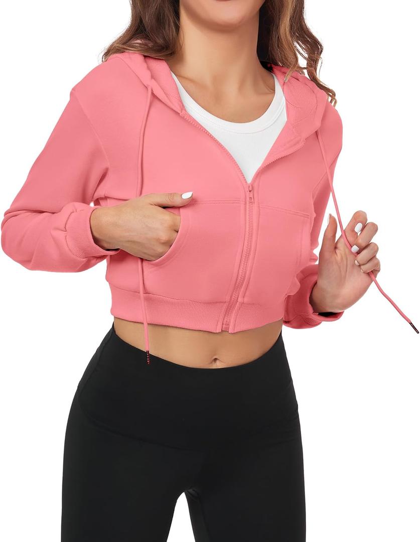 Cropped Zip Up Hoodie Women Jacket Top Sweatshirt Casual Basic Gym Workout Sport (Medium)