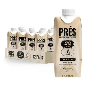 PRES Protein Coffee, Vanilla, High Protein, Real Cold Brew, 20g Protein, 1g Sugar, 100 Calories, Protein Snacks, No Added Sugar, Coffee, Breakfast, Protein, Kosher, Soy Free, Nut Free, Non-GMO, Low Carb (12 Pack), BBD 12/31/2026