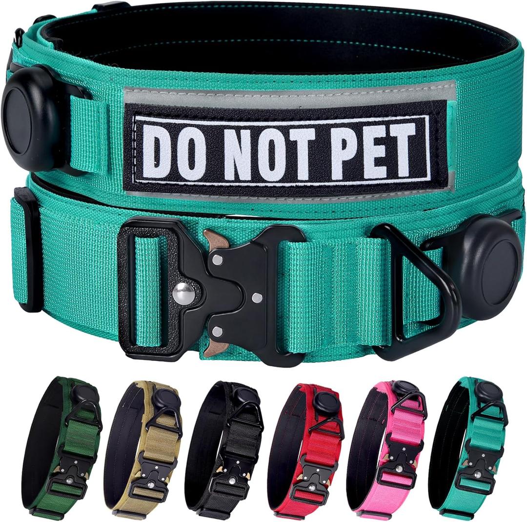 AirTag Dog Collar, 2" Wide Tactical Military Dog Collar with AirTag Holder & 3 Pet Patches, Soft Padded Reflective Waterproof Nylon Collar with Metal Buckle for Large Dogs (Teal, L) (Neck Girth: 17.7-24.4)