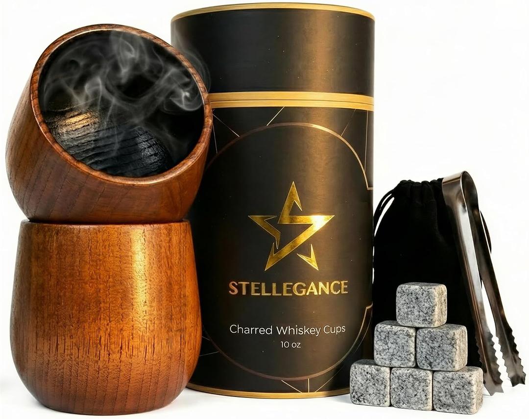 10oz Charred Wooden Bourbon Drinking Glass Set of 2 - Artisan Wooden Whiskey Tumbler Gift Set with Whiskey Stones, Tongs - Unique Bourbon Gifts for Men, Dad, Husband - Charred Wooden Whiskey Glass Cup