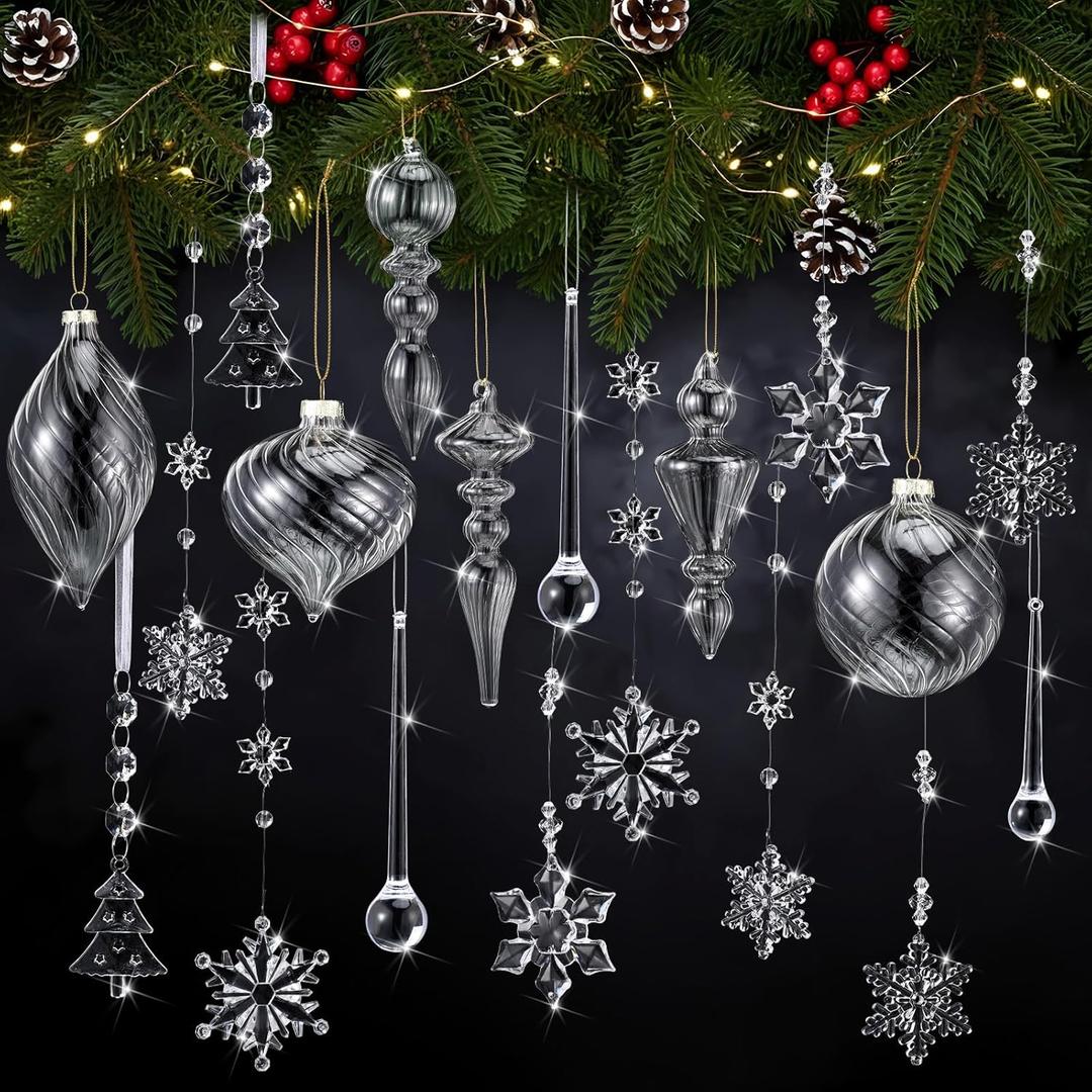 Jenaai 50 Pcs Crystal Glass Ornaments for Christmas Tree Vintage Hanging Acrylic Snowflake Drop Finial Christmas Ball Icicle Crystal Decorations for Xmas Winter Party Supplies(Clear)