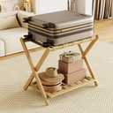 Oakvivo Fully Assembled Luggage Racks Pack of 2, Bamboo 26.77" Folding Luggage Rack Stand for Guest Room, 5 Nylon Straps, Suitcase Stand with Storage Shelf for Bedroom Hotel, Heavy Duty, Natural