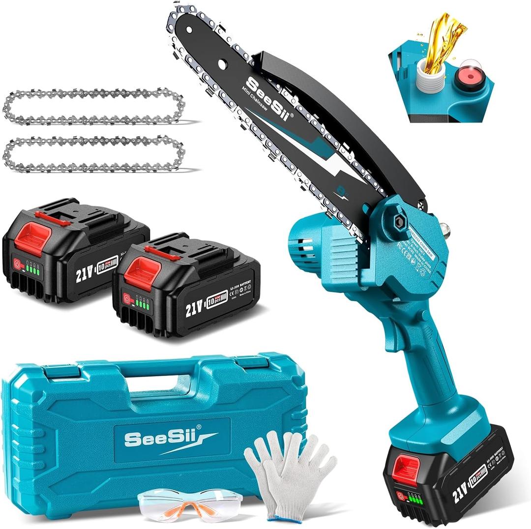 Seesii Mini Chainsaw 8-inch, Mini Chainsaw Cordless Tool Set, Battery Chainsaw with 2x 4.0Ah Batteries, Handheld Electric Power Chain Saw with Oiler, Safety Lock for Tree Trimming,Wood Cutting (Light Blue)
