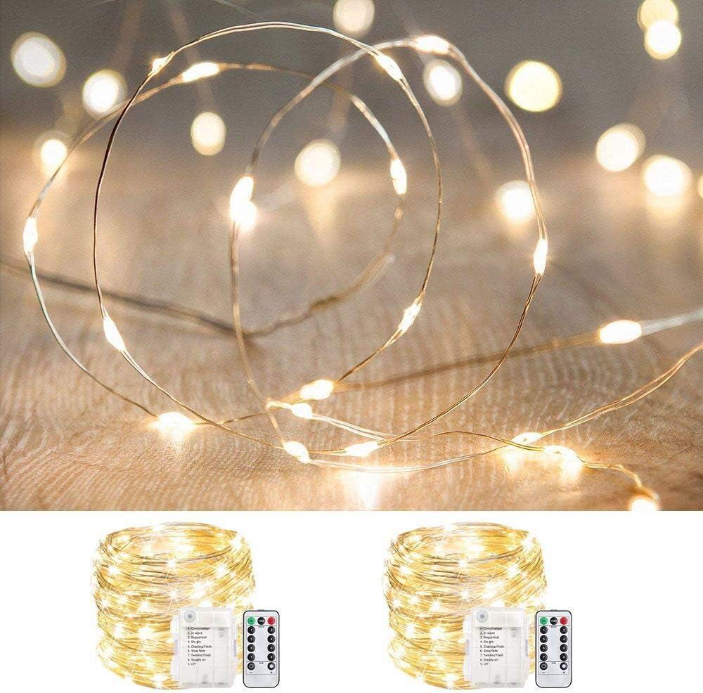 ANJAYLIA 2 Pack 33ft 100 LED Fairy Lights Battery Operated, Waterproof Twinkle String Lights, Copper Wire Dimmable Firefly Lights with Remote Control Timer, Warm White