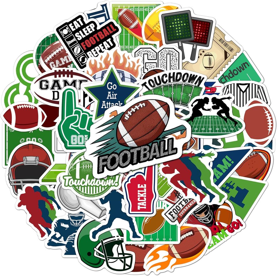 BEATRI Football Stickers Pack  50PCS Waterproof Vinyl Sports Coaches Football Decor & Party Favors for Laptop, Water Bottle, Skateboard & Travel Gear | Non-Repeating Decals, High-Definition Print