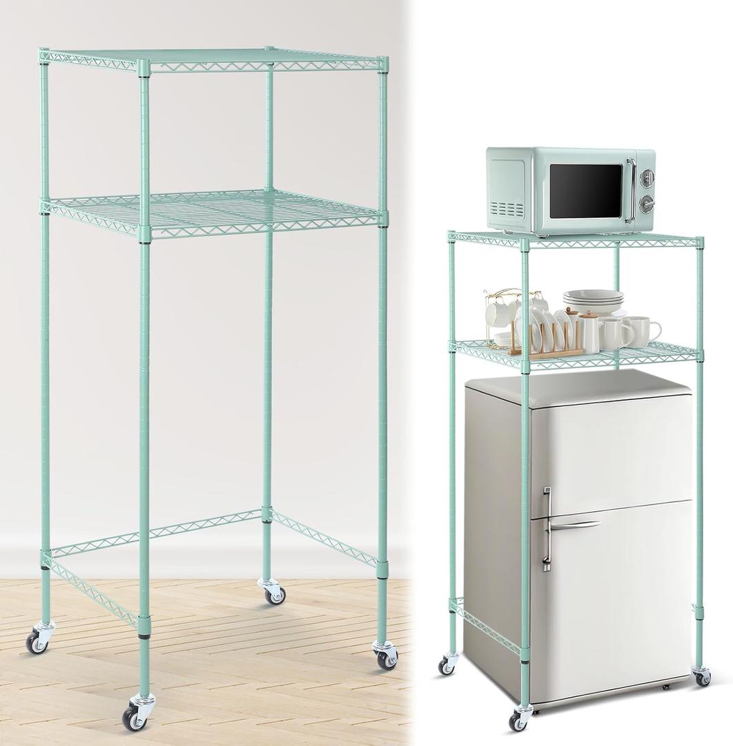 Tandefio 2 Tier Mini Fridge Stand Microwave Shelf with Wheels, Sage Green