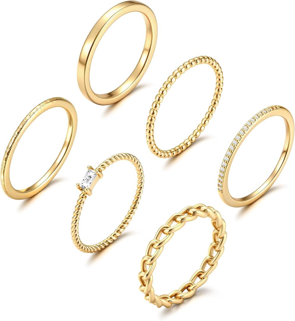FIBO STEEL 6PCS Stackable Rings for Women Non Tarnish Waterproof Gold Plated Silver Color Square Cubic Zirconia Ring Set Dainty Stacking Rings Trendy Thin Thumb Band Statement Ring Stack Size 5-11