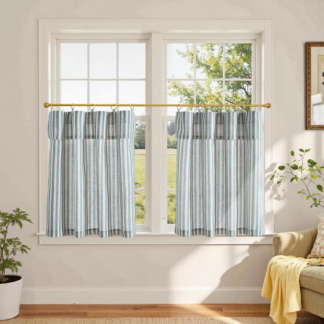 jinchan Striped Linen Kitchen Curtains with Attached Valance 24 Inch Length Cafe Tier Curtains for Living Room Rustic Half Window Light Filtering Rod Pocket Small Drapes 2 Panels Blue