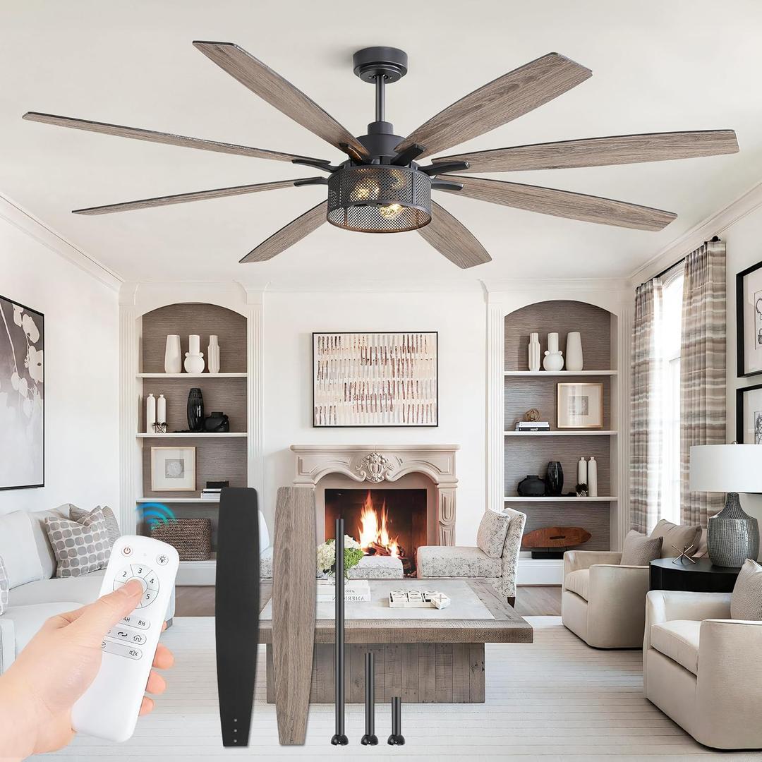 Farmhouse Ceiling Fans with Lights and Remote, 72 Inch Grey Industrial Caged Ceiling Fans for Bedroom Living Room Kitchen, 6 Speed Reversible Quiet DC Motor, Dual Finish 8 Blades (Black and Light Oak Brown)