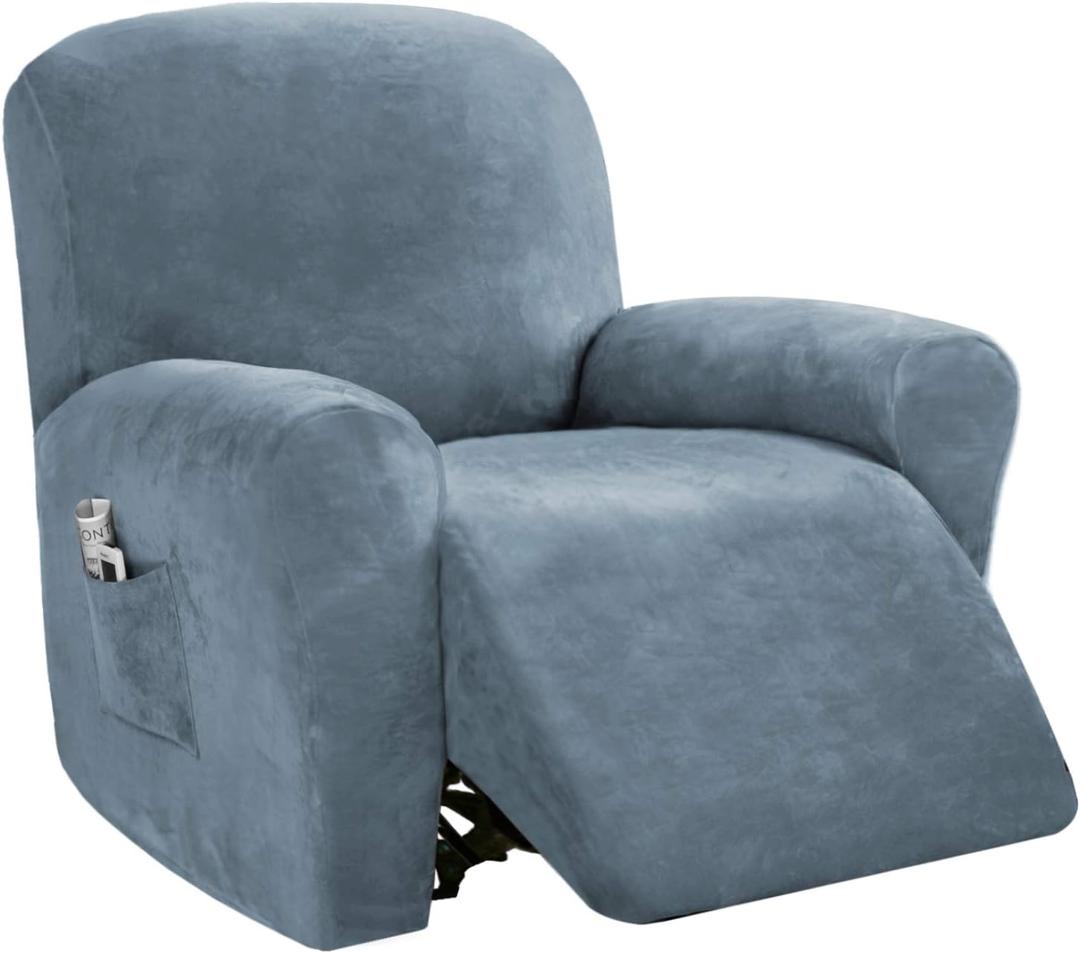 PrinceDeco Recliner Chair Cover Velvet Stretch Recliner Couch Covers 4-Pieces Style Recliner Chair Covers Recliner Cover for Reclining Chair Slipcovers Feature Non Slip Form Fitted, Stone Blue