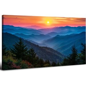 The Smoky Mountain Canvas Wall Art Nature Landscape Pictures for Living Room Blue Ridge Mountains Sunset Scenery Wall Decor Forest Scenic Prints Artwork Bedroom Bathroom Office Home Decorations 24x48"