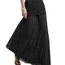 Verdusa Women's Maxi Skirts Ruched Mesh Sheer Long Skirt Ruffle Flowy Brunch Going Out Outfits, Large, Black