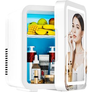 Mini Skincare Fridge with LED Light Mirror, 4 Liter/6 Can Compact Makeup Refrigerator for Bedroom - Portable Mini Fridge for Makeup, Skincare & Food, AC/DC Power for Home & Car
