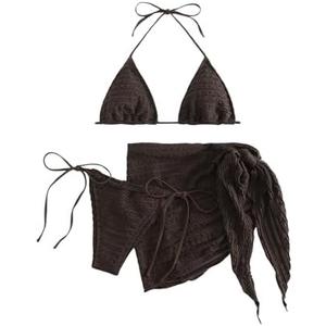 GORGLITTER Women's 3 Piece Swimsuits Halter Triangle String Bikini Set with Beach Skirt Swimwear Set S