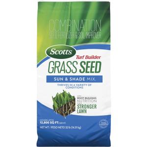 Scotts Turf Builder Grass Seed Sun and Shade Mix with Fertilizer and Soil Improver, Thrives in Many Conditions, 32 lbs.