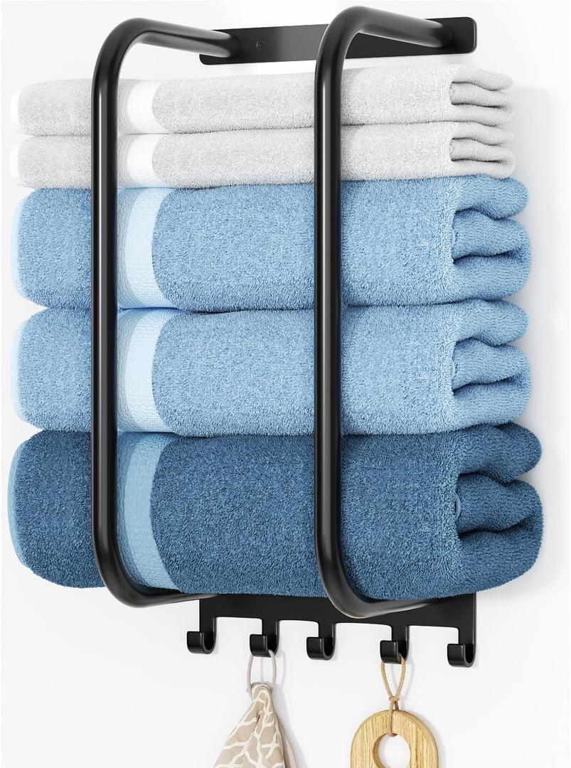 Towel Rack Bathroom Wall Holder: 15.9 Inch Wall Mounted Shower Organizer, for Rolled Towel Storage, 2 Metal Racks Plus Extra 5 Hooks, for Modern Small Space Bathroom, RV Campers (Matte Black)