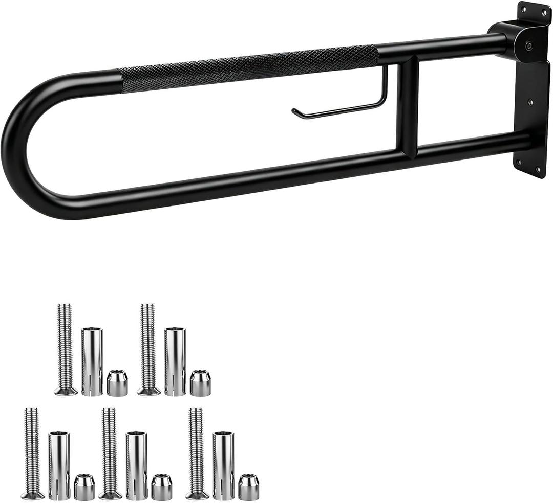 30.3 Inch Toilet Grab Bar, ROYSRHXB Black U Shaped Flip Up Safety Rails with Toilet Paper Holder, Heavy Duty Stainless Steel Bathroom Support Handle with Anti Slip Knurled Grip for Elderly Seniors