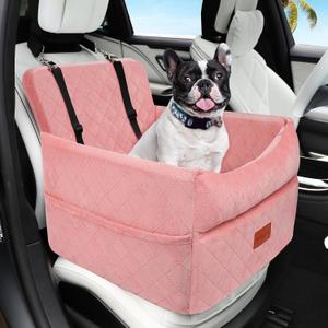 HEGGCOOE Dog Car Seat for Small Medium Dogs, Memory Foam Puppy Dog Booster Seat with Thick Cushion for Dogs Under 35lbs, Detachable Washable Pet Car Seat Travel Bed with Storage Pockets,2 Safety Belts (Pink)