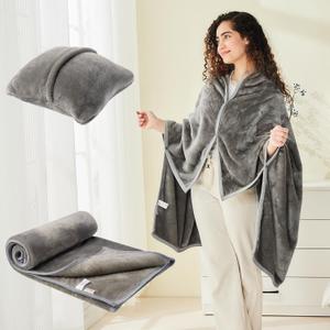 Mellowdy Shawl Blanket Pillow 2-in-1 with Sleeves for Office, Work, Home (Dark Grey, 40x60) - Wearable Adult Snuggie Coat Poncho, Airplane Travel Set, Fleece Shoulder Wrap for Men and Women
