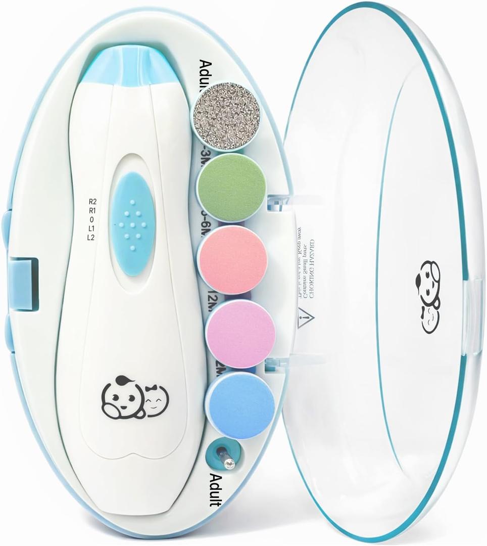 Royal Angels Upgraded 6 in 1 Baby Nail Trimmer with Labeled Case, 4 Colored Pads for Newborns to Toddlers, Whisper Quiet Electric Nail File with LED Light, Safe Manicure Set for Families (Babyblue) (8 Piece Set)